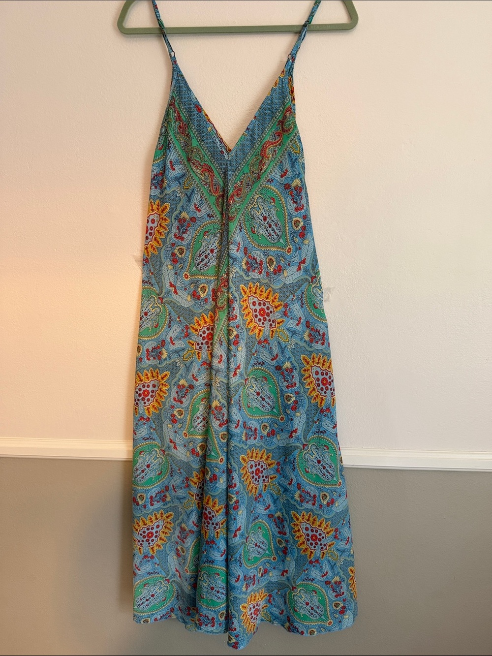 Blue Paisley Maxi Slip Dress with V-Neck